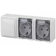 11-7403-01 ЭРА Блок две розетки+выключатель IP54, 16A(10AX)-250В,ОУ, Эра Эксперт, белый (1/5/50)