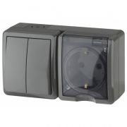 11-7402-03 ЭРА Блок розетка+выключатель двойной IP54, 16А(10АХ)-250В, ОУ, Эра Эксперт, серый(8/80)