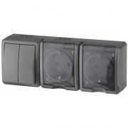 11-7404-03 ЭРА Блок две розетки+выкл двойной IP54, 16А(10АХ)-250В, ОУ, Эра Эксперт, серый (1/5/50)