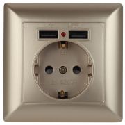 4-410-04 Intro Розетка P+E Schuko со шторками, 16А-250В + 2хUSB, СУ, Solo, шампань (10/100/2500)