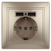 Розетка Intro Plano 1-410-04 с заземлением 2P+E Schuko со шторками 16А-250В + 2хUSB 5В-2 1А IP20 СУ шампань