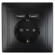 Розетка Intro Plano 1-410-05 с заземлением 2P+E Schuko со шторками 16А-250В + 2хUSB 5В-2 1А IP20 СУ антрацит