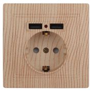 Розетка Intro Plano 1-410-11 с заземлением 2P+E Schuko со шторками 16А-250В + 2хUSB 5В-2 1А IP20 СУ сосна