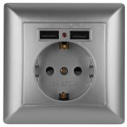 Розетка Intro Solo 4-410-03 с заземлением P+E Schuko со шторками 16А-250В + 2хUSB IP20 СУ алюминий