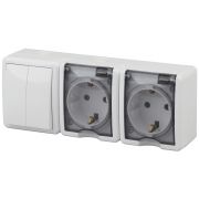 11-7404-01  ЭРА Блок две розетки+выключатель двойной IP54, 16АХ(10AX)-250В, ОУ, Эра Эксперт, белый