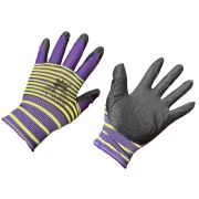 Нейлоновые обливные перчатки (желт/фиолет. полоска) с рифленым латексным покрытием (черн) YQ5 12/840